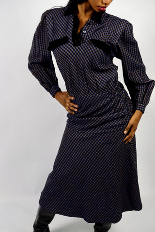 Vintage 80s Handmade Wolle Dropped Waist Karo Kleid - XS
