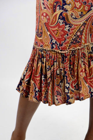 Vintage 70s High Waist Boho Print Rock mit Volantsaum - XS/S