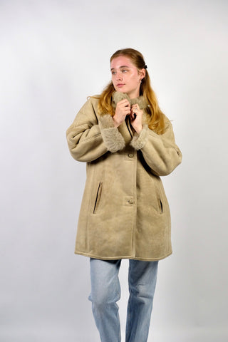 Vintage 80s/90s Shearling Ledermantel Creme Beige - S/M