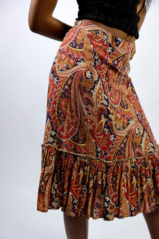 Vintage 70s High Waist Boho Print Rock mit Volantsaum - XS/S