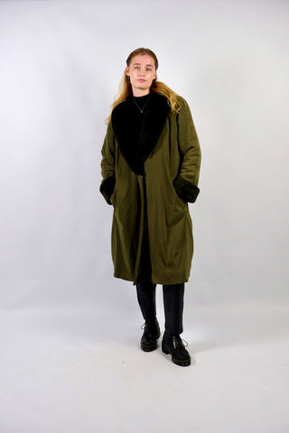 Vintage 80s Penny Lane Trenchcoat mit Kunstpelzfutter Oliv - S/M