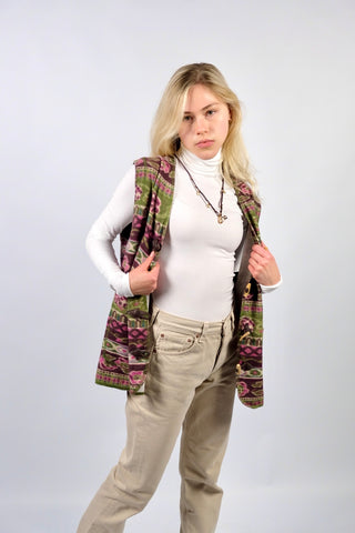 Vintage 90s Boho Blumen Print Fleece Weste - L