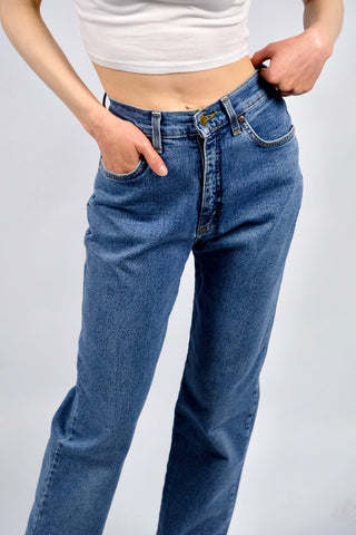 Vintage 90s Lee High Waist Slim Fit Stretch Jeans Mittelblau - XS