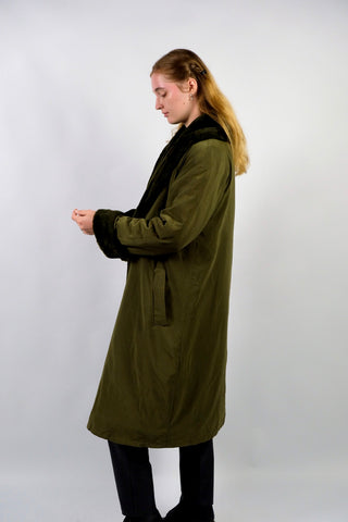 Vintage 80s Penny Lane Trenchcoat mit Kunstpelzfutter Oliv - S/M
