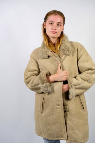 Vintage 80s/90s Shearling Ledermantel Creme Beige - S/M