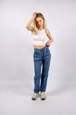 Vintage 90s Lee High Waist Slim Fit Stretch Jeans Mittelblau - XS