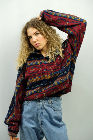 90s Fleece von der Marke Colmar mit Stehkragen, Druckknopfleiste und tollem Muster in Dunkelrot, Rot, Dunkelblau, Blau, Senf und Grau, unisex tragbar: Herren M/L, Damen L/XL – ein seltenes Fundstück und absolutes Highlight