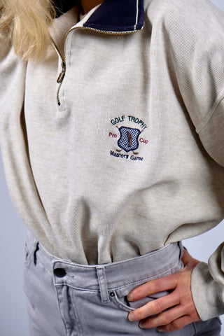 Creme/Beige melierter 90s Sweater aus reiner Baumwolle mit Half Zip Kragen und kleiner Logo-Stickerei auf der Brust – unisex tragbar: Herren XL, Damen XL bis XXL und ideal für größere Körpergrößen
