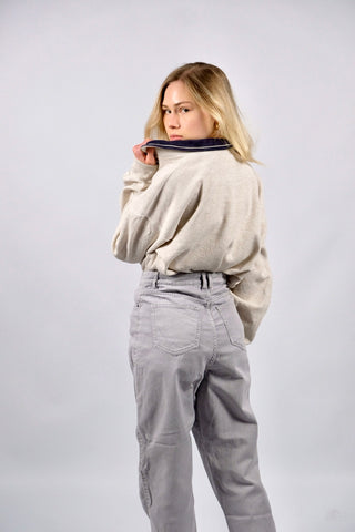 Creme/Beige melierter 90s Sweater aus reiner Baumwolle mit Half Zip Kragen und kleiner Logo-Stickerei auf der Brust – unisex tragbar: Herren XL, Damen XL bis XXL und ideal für größere Körpergrößen