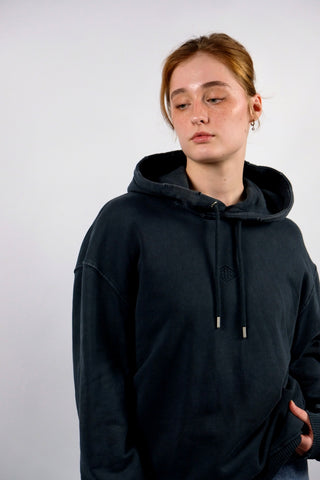 Preloved (Secondhand) Hoodie von der dänischen Premium Streetwear-Marke Han Kjøbenhavn aus reiner Bio Heavyweight Baumwolle mit bewussten Distressed/Used Look Elementen, boxy geschnitten – die Farbe ist ein tolles „faded“ Schwarz und die Größe L, aber unserer Einschätzung nach auch lockerer von einer M und unisex tragbar (je nach gewünschter Passform; bitte Maße beachten) – ein absolutes Highlight
