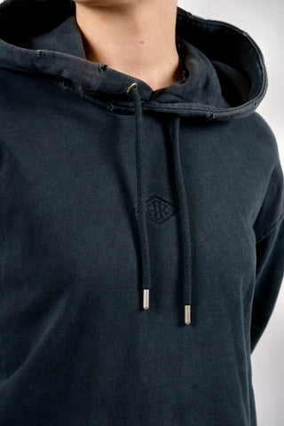 Preloved (Secondhand) Hoodie von der dänischen Premium Streetwear-Marke Han Kjøbenhavn aus reiner Bio Heavyweight Baumwolle mit bewussten Distressed/Used Look Elementen, boxy geschnitten – die Farbe ist ein tolles „faded“ Schwarz und die Größe L, aber unserer Einschätzung nach auch lockerer von einer M und unisex tragbar (je nach gewünschter Passform; bitte Maße beachten) – ein absolutes Highlight