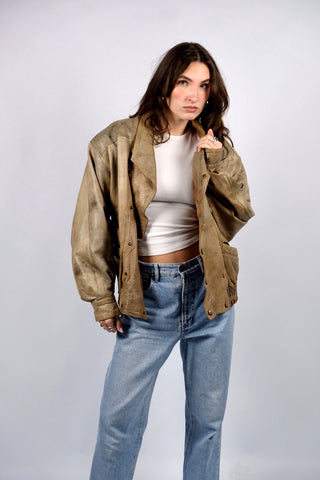 Graubraune 80s/90s Bomberjacke made in Italy aus echtem Leder mit toller Maserung – unisex tragbar: Herren S/M, für Damen empfehlen wir die Jacke einer M – ein absolutes Highlight