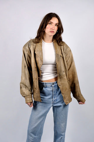 Graubraune 80s/90s Bomberjacke made in Italy aus echtem Leder mit toller Maserung – unisex tragbar: Herren S/M, für Damen empfehlen wir die Jacke einer M – ein absolutes Highlight