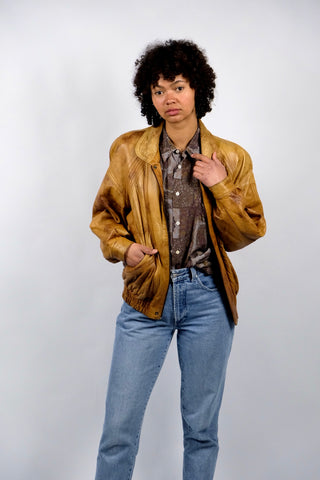 Vintage 80s/90s Bomber Lederjacke Senf Braun - M/L