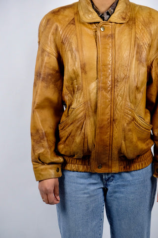 Vintage 80s/90s Bomber Lederjacke Senf Braun - M/L