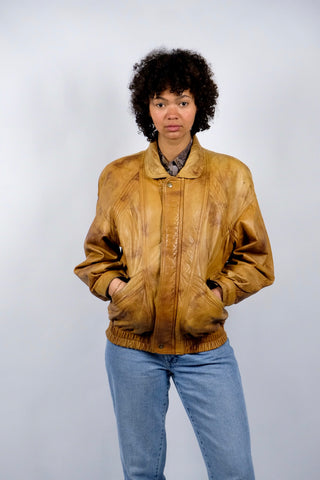 Vintage 80s/90s Bomber Lederjacke Senf Braun - M/L