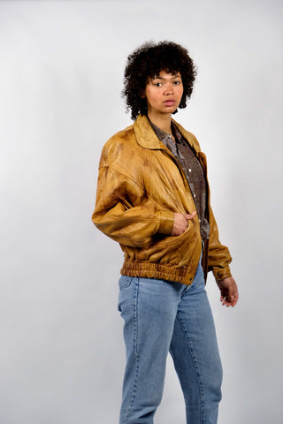 Vintage 80s/90s Bomber Lederjacke Senf Braun - M/L