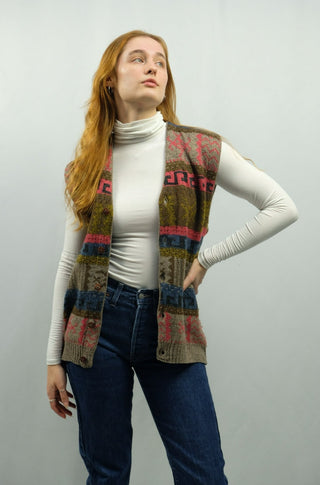 Vintage 90s Wolle Mix Boho Muster Weste - L