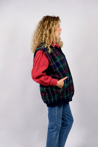 90s Wendeweste mit Eingrifftaschen – karierter Fleecestoff auf der einen Seite, dunkelblaues, glattes Material auf der anderen Seite – unisex tragbar (Herren L, Damen L/XL)