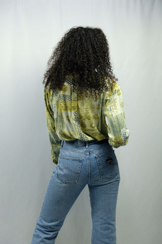 90s Hemd aus leichter, angenehmer Viskose, mit Crazy Pattern Print in Gelb-Grün – unisex tragbar (Herren M, Damen L bis XL je nach gewünschter Passform und ideal für große Körpergrößen)