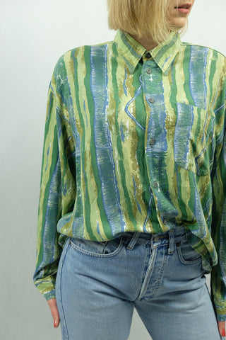 90s Hemd mit Crazy Pattern Print in Grün und Blau, unisex tragbar – Herren L, Damen XL und ideal für große Körpergrößen