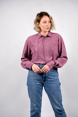 80s/90s Hemd aus reiner Seide in tollem Mauve-Farbton – unisex tragbar: Herren L, Damen L/XL und ideal für große Körpergrößen – ein absolutes Highlight