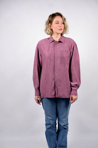 80s/90s Hemd aus reiner Seide in tollem Mauve-Farbton – unisex tragbar: Herren L, Damen L/XL und ideal für große Körpergrößen – ein absolutes Highlight