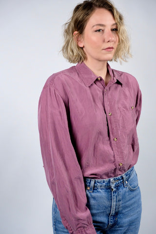 80s/90s Hemd aus reiner Seide in tollem Mauve-Farbton – unisex tragbar: Herren L, Damen L/XL und ideal für große Körpergrößen – ein absolutes Highlight