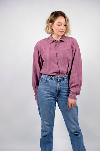 80s/90s Hemd aus reiner Seide in tollem Mauve-Farbton – unisex tragbar: Herren L, Damen L/XL und ideal für große Körpergrößen – ein absolutes Highlight