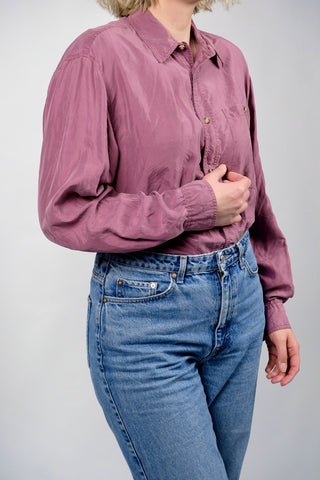 80s/90s Hemd aus reiner Seide in tollem Mauve-Farbton – unisex tragbar: Herren L, Damen L/XL und ideal für große Körpergrößen – ein absolutes Highlight