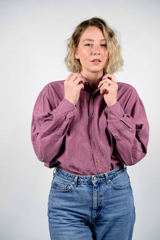 80s/90s Hemd aus reiner Seide in tollem Mauve-Farbton – unisex tragbar: Herren L, Damen L/XL und ideal für große Körpergrößen – ein absolutes Highlight