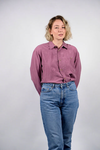 80s/90s Hemd aus reiner Seide in tollem Mauve-Farbton – unisex tragbar: Herren L, Damen L/XL und ideal für große Körpergrößen – ein absolutes Highlight