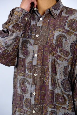 80s/90s Hemd aus reiner, leichter Viskose mit tollem Boho/Paisley Crazy Pattern Print in gedecktem Grau, Braun, Ocker, und Weinrot/Aubergine – unisex tragbar: Herren M, Damen M/L und ein absolutes Highlight