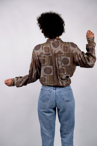 80s/90s Hemd aus reiner, leichter Viskose mit tollem Boho/Paisley Crazy Pattern Print in gedecktem Grau, Braun, Ocker, und Weinrot/Aubergine – unisex tragbar: Herren M, Damen M/L und ein absolutes Highlight