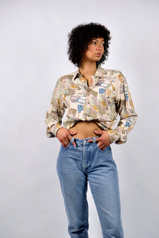 90s Hemd aus reiner Viskose mit tollem Crazy Pattern Print in Beige, Mauve, Graubraun, Senf/Ocker, Mintgrün und gedecktem Blau – unisex tragbar (Herren S, Damen M/L und ideal für größere Körpergrößen) – ein absolutes Highlight