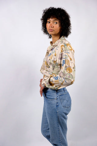 90s Hemd aus reiner Viskose mit tollem Crazy Pattern Print in Beige, Mauve, Graubraun, Senf/Ocker, Mintgrün und gedecktem Blau – unisex tragbar (Herren S, Damen M/L und ideal für größere Körpergrößen) – ein absolutes Highlight