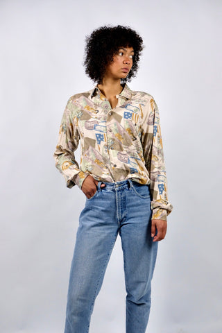 90s Hemd aus reiner Viskose mit tollem Crazy Pattern Print in Beige, Mauve, Graubraun, Senf/Ocker, Mintgrün und gedecktem Blau – unisex tragbar (Herren S, Damen M/L und ideal für größere Körpergrößen) – ein absolutes Highlight