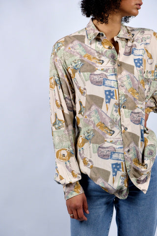 90s Hemd aus reiner Viskose mit tollem Crazy Pattern Print in Beige, Mauve, Graubraun, Senf/Ocker, Mintgrün und gedecktem Blau – unisex tragbar (Herren S, Damen M/L und ideal für größere Körpergrößen) – ein absolutes Highlight