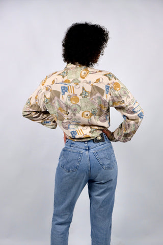 90s Hemd aus reiner Viskose mit tollem Crazy Pattern Print in Beige, Mauve, Graubraun, Senf/Ocker, Mintgrün und gedecktem Blau – unisex tragbar (Herren S, Damen M/L und ideal für größere Körpergrößen) – ein absolutes Highlight