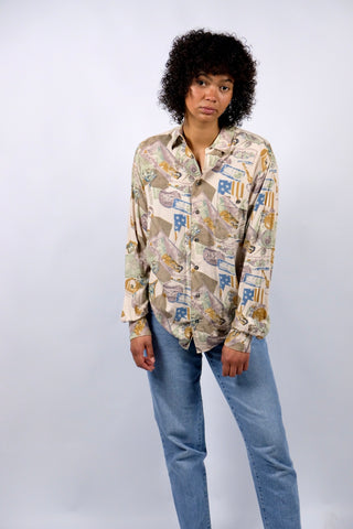 90s Hemd aus reiner Viskose mit tollem Crazy Pattern Print in Beige, Mauve, Graubraun, Senf/Ocker, Mintgrün und gedecktem Blau – unisex tragbar (Herren S, Damen M/L und ideal für größere Körpergrößen) – ein absolutes Highlight