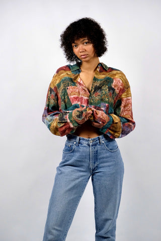 80s/90s Seidenhemd mit Crazy Pattern Print in Dunkelgrün, Blaugrün, Ocker/Hellbraun, Gelb, Rotbraun, Pfirsich, Rosa, Pink, Graublau, Mint, Lila und Grau – unisex tragbar: Herren XL, Damen XXL und ideal für größere Körpergrößen – ein absolutes Highlight