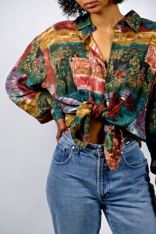 80s/90s Seidenhemd mit Crazy Pattern Print in Dunkelgrün, Blaugrün, Ocker/Hellbraun, Gelb, Rotbraun, Pfirsich, Rosa, Pink, Graublau, Mint, Lila und Grau – unisex tragbar: Herren XL, Damen XXL und ideal für größere Körpergrößen – ein absolutes Highlight