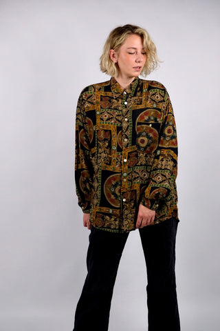Vintage 80s/90s Boho Crazy Pattern Cupro Hemd - L/XL