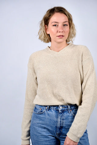 Hellbeiger 90s V-Neck Pullover made in Italy aus Leinen und Baumwolle – unisex tragbar: Herren M, Damen L und ideal für größere Körpergrößen (bitte Maße beachten)