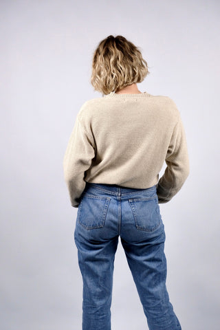 Hellbeiger 90s V-Neck Pullover made in Italy aus Leinen und Baumwolle – unisex tragbar: Herren M, Damen L und ideal für größere Körpergrößen (bitte Maße beachten)