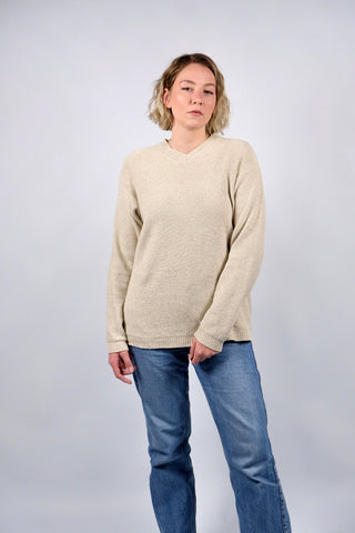 Hellbeiger 90s V-Neck Pullover made in Italy aus Leinen und Baumwolle – unisex tragbar: Herren M, Damen L und ideal für größere Körpergrößen (bitte Maße beachten)