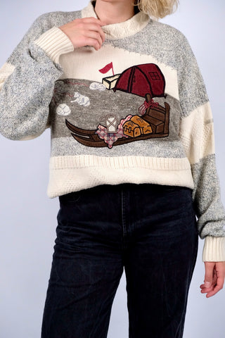 Vintage 80s/90s Wolle & Seide Mix Camping Motiv Pullover - L