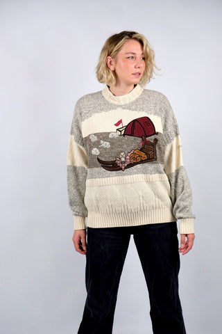 Vintage 80s/90s Wolle & Seide Mix Camping Motiv Pullover - L