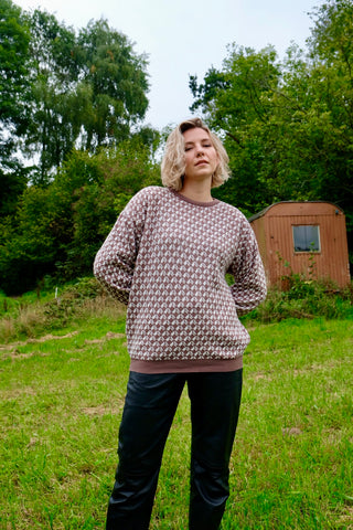 Vintage 80s Grafikmuster Pullover Olivbraun Weiß - L/XL