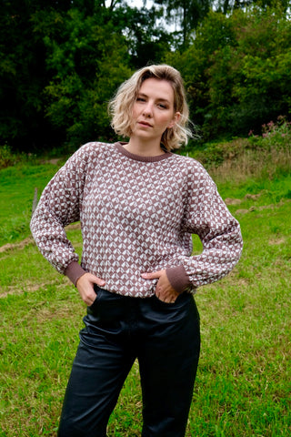 Vintage 80s Grafikmuster Pullover Olivbraun Weiß - L/XL